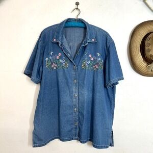 Bobbie Brooks Woman VTG 90s Embroidered Denim Button Up Shirt Shacket 3X 22W 24W